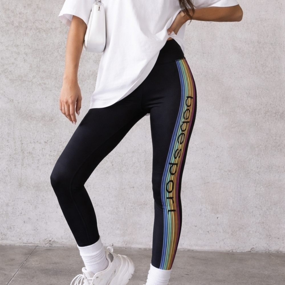 ​Bebe Sport Rainbow Stripe Black Leggings Medium M‎ Retro Y2K Aesthetic Pilates
